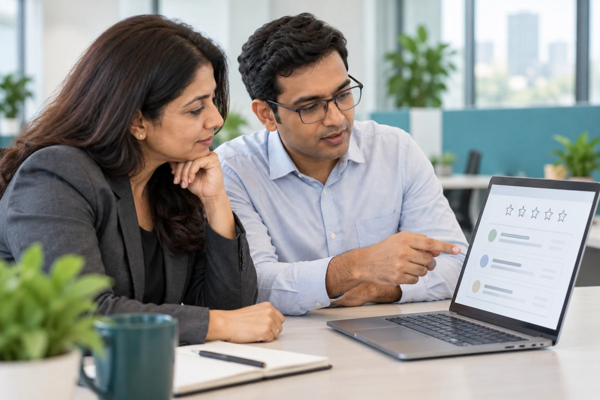 Indian business professionals reviewing customer feedback and ratings